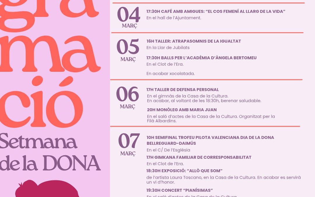Bellreguard presenta una programació diversa i participativa per a commemorar la Setmana de la Dona
